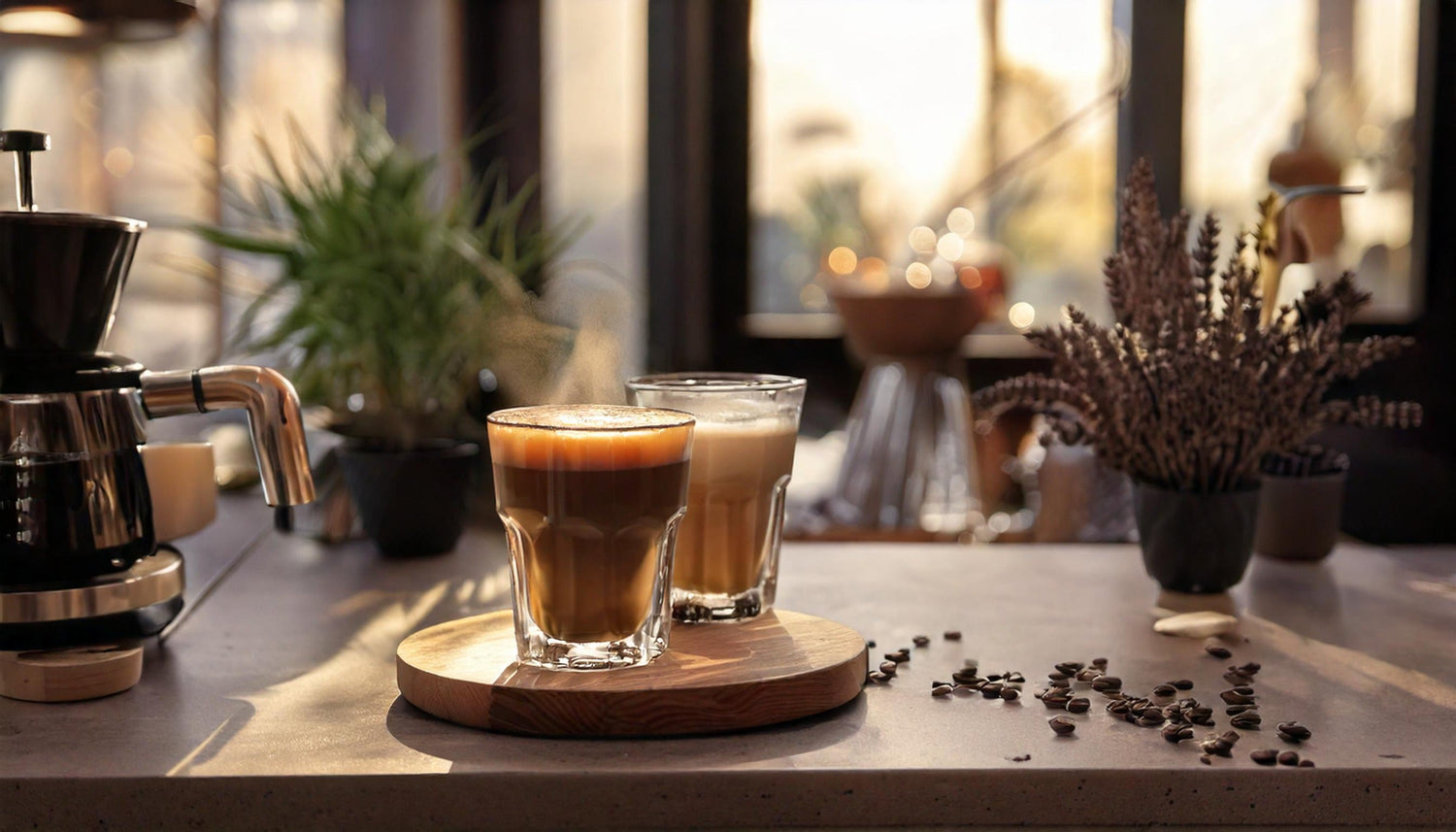 Dos tazas de café descafeinado en una cocina moderna